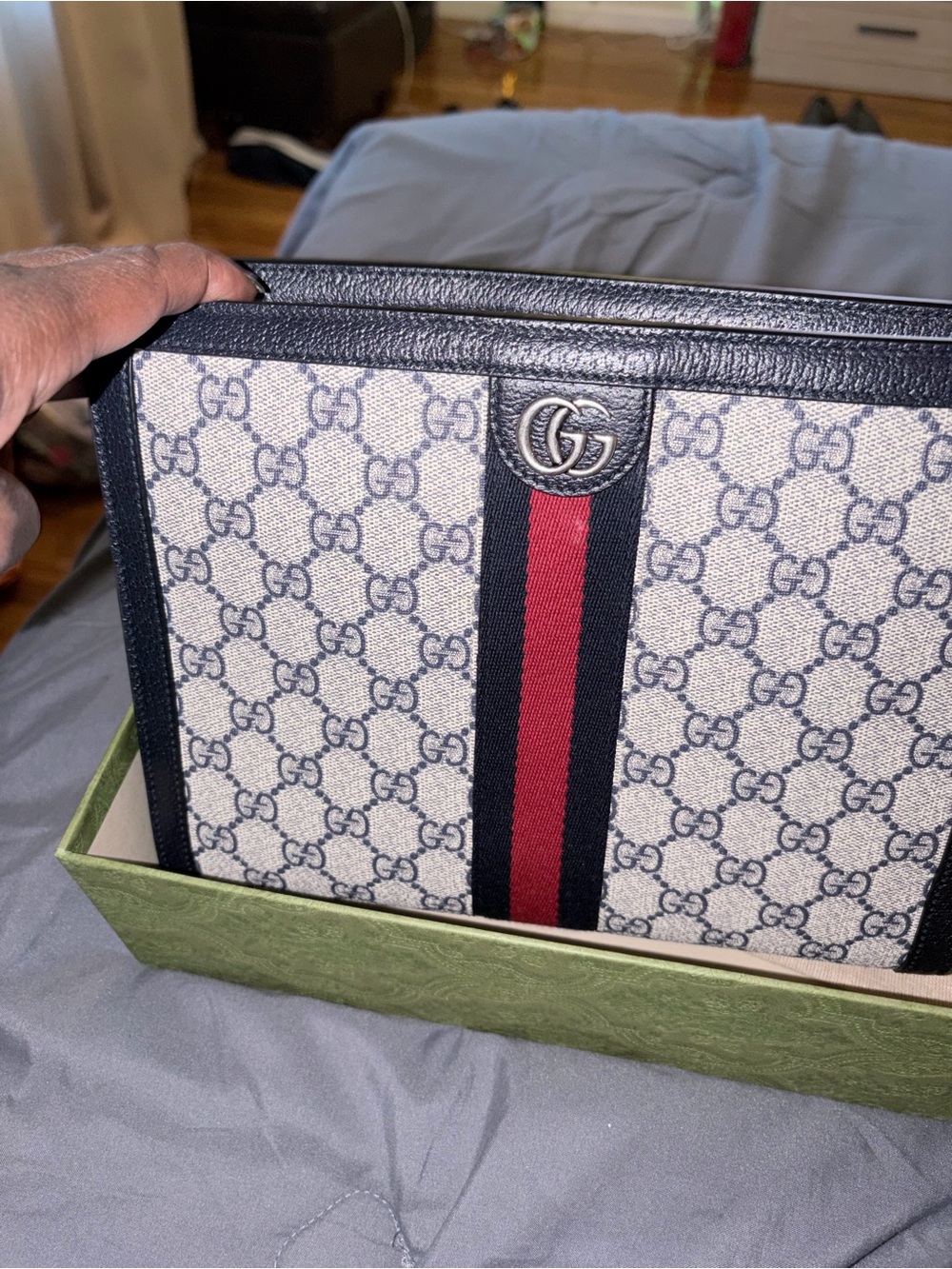 Gucci Beige GG Canvas Toiletry Pouch with Navy Trim and Red Stripe